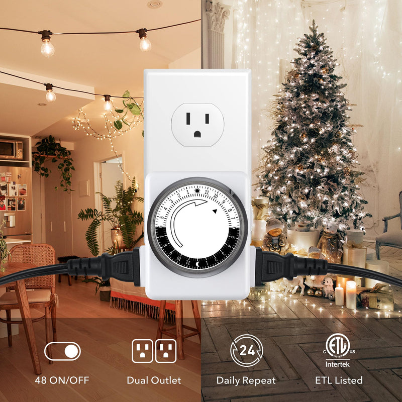 HBN Indoor Timers for Lamps,24 Hour Mechanical Indoor Timer for Electrical Outlets,Dual Outlets,15 Minute Intervals,Light Timer for Indoor Lighting,Heavy Duty Daily Cycle,2 Prong,1-Pack 2-Prong,1 Pack