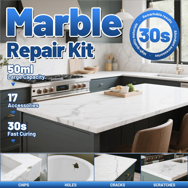 Quartz Countertop Repair Kit 1.7fl.oz / 50ml - 30s Fast Curing DIY Fix Quartz Chip Repair Kit for Cracks Holes & Scratches on Granite Marble Acrylic Fiberglass Porcelain & Corian Surfaces (White)