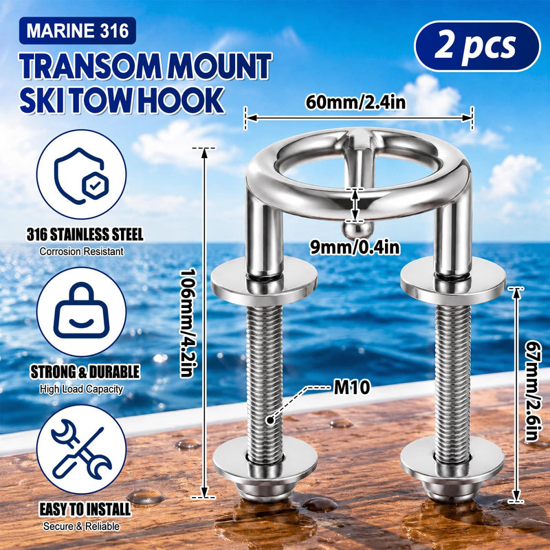2 Pack Transom Mount Ski Tow Hooks 316 Stainless Steel Marine Grade Corrosion Resistant for Water Boats Kayaking Surfing Jetski Yachts Sport Hardware Accessories, 2.36 Inches Ring Diameter