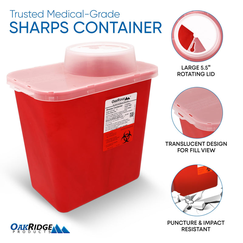 Oakridge Products Large Sharps Container for Home Use and Professional 2 Gallon (1-Pack) with Chimney Top, Biohazard Needle and Syringe Disposal, CDC Certified 1