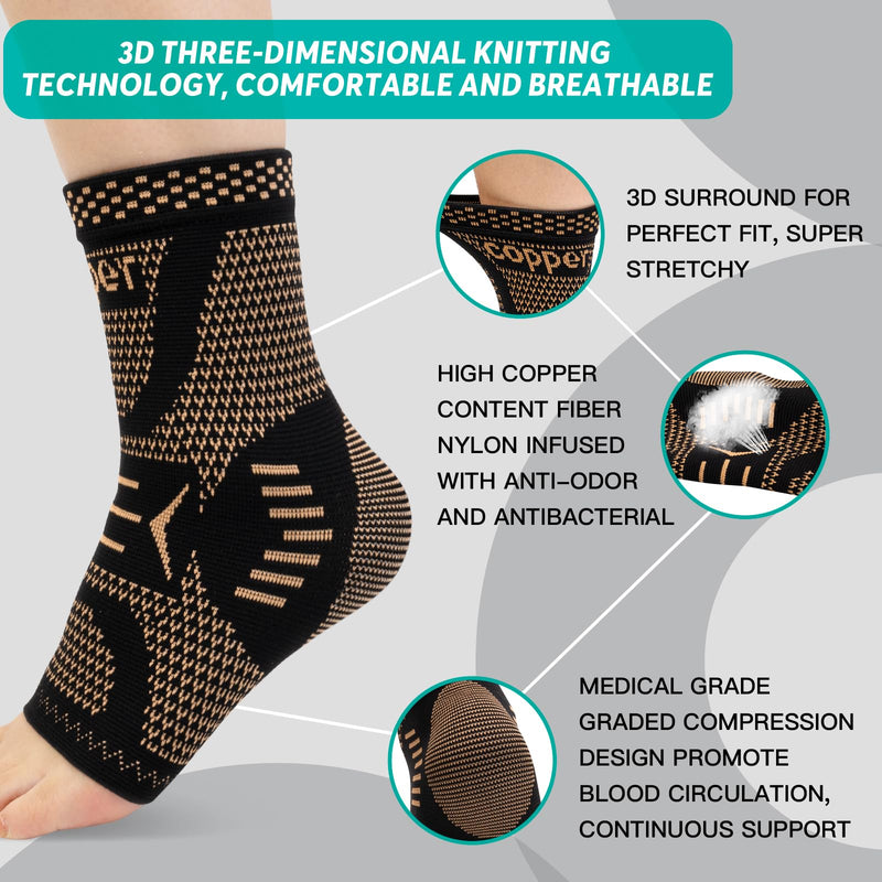 INDEEMAX Ankle Brace for Women & Men, Ankle Compression Sleeve Support Copper Infused Ankle Brace for Sprained Ankle, Plantar Fasciitis Sports, Achilles Tendonitis Pain Relief, Copper Black, M Medium