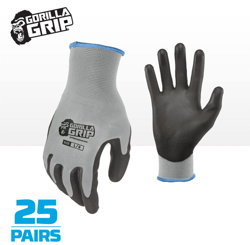 Gorilla Grip Work Gloves, Never Slip Maximum Grip All-Purpose, Gloves for Men, Superior Grip, Polymer Palm 25 Pairs Large