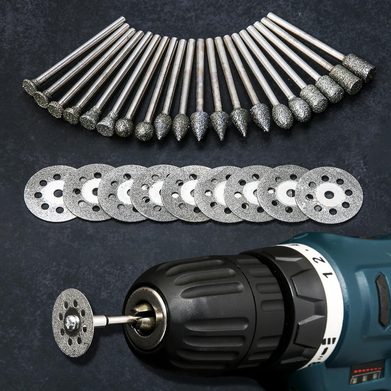 Diamond Burr Set for Dremel, Rotary Tool Grinding Cutting Wheel Stone Glass Tile Jewelry Engraving Rock Etching Masonry 1/8” Die Grinder Carving Cutter Metal Engraver Kit - 32pc Set Style 4