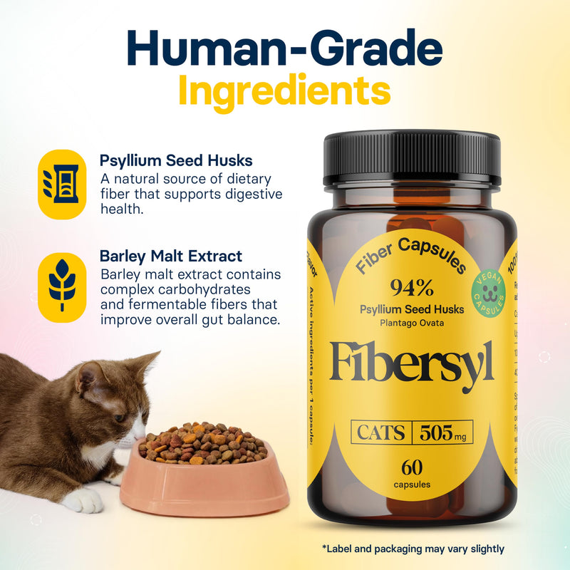FiberSyl Prebiotics for Cats Digestive Health - Cat Fiber Supplements for Constipation Relief & Support - Psyllium Husk Seed to Support Digestion Problems - Cat Stool Hardener - 60 Capsules