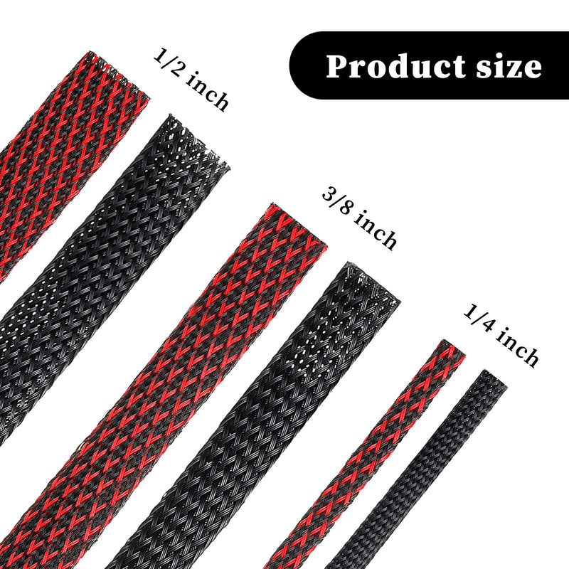 96ft Wire Loom Braided Cable Sleeve Covers Cord Management with 127 Pieces Tube Heat Shrinkable for Audio Video Cable Cord Protectors from Pets (Black and Red,1/2 Inch, 1/4 Inch, 3/8 Inch) 1/2 Inch, 1/4 Inch, 3/8 Inch Black and Red