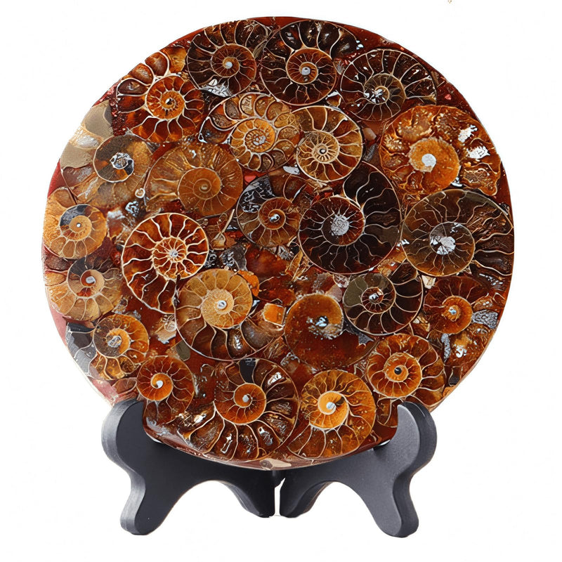 Natural Ammonite Fossil Disc with Stand Set, Feng Shui Decor Shell Slice Disc Conch Mineral Specimen Ornament for Home