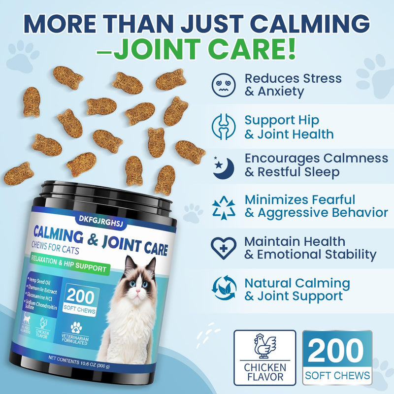 Cat Calming Treats, 200 Hemp Soft Chews Cat Calming Treats for Anxiety Relief with Glucosamine Hip & Joint Support Calming Chews for Cats Anxiety Stress Chicken Flavor