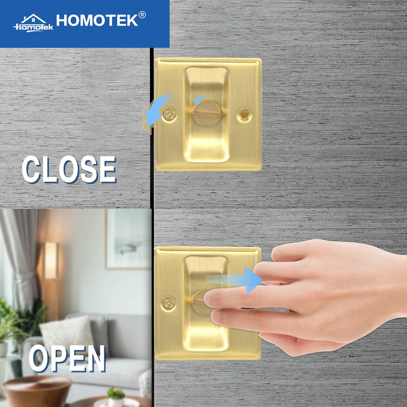 HOMOTEK 4 Pack Privacy Sliding Door Lock with Pull - Replace Old Or Damaged Pocket Door Locks Hardware Quickly and Easily, 2-3/4”x2-1/2”, for 1-3/8” Thickness Door, Brushed Brass