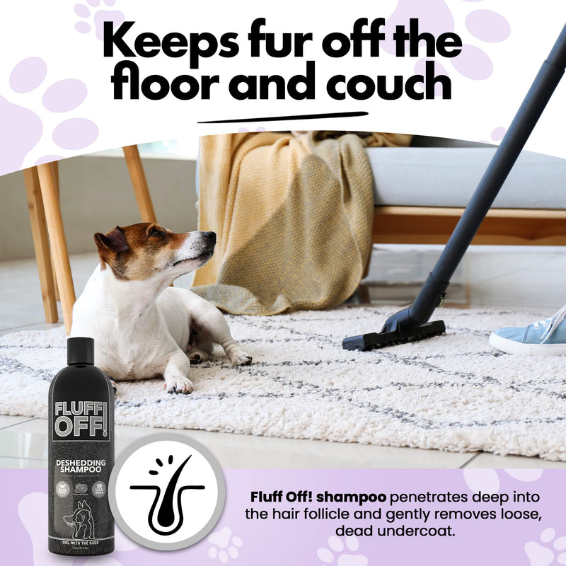 Soap Dispensing Pet Wash Sprayer Nozzle and FLUFF OFF! by Girl With The Dogs, Natural Deshedding Dog & Cat Shampoo 16 oz