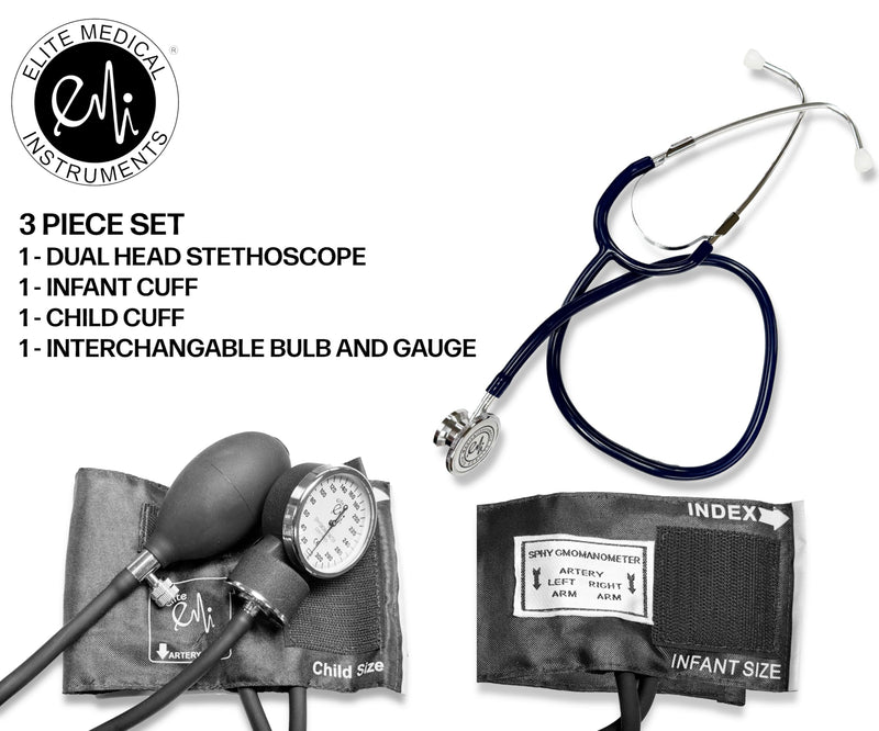 EMI #311 Pediatric 3-Piece Combination Set – Includes Pediatric Aneroid Sphygmomanometer, Infant Aneroid Sphygmomanometer, and Basic Dual Head Stethoscope - Black