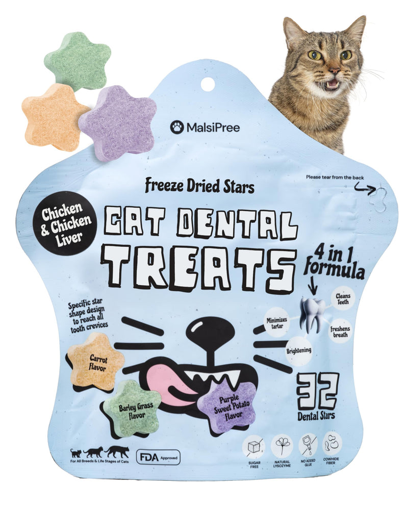 MalsiPree Cat Dental Treats, 32 Count - Freeze Dried Chicken Chews for Cats & Kittens - Fresh Breath & Tartar Control - Star Shape Snack for Cats - High Protein Healthy Snack, Low Calorie Pet Rewards