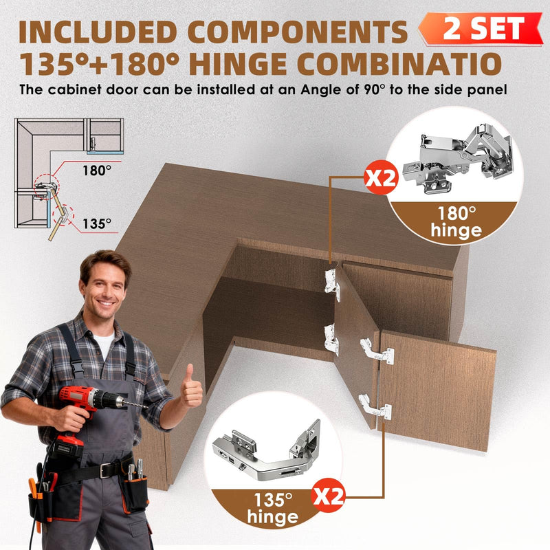 Corner Cabinet Hinge Set 180° & 135° Soft Close, 2x180° + 2x135° Inset Hinges for Lazy Susan Bi-Folding Kitchen Cupboard Door Hardware 2 set