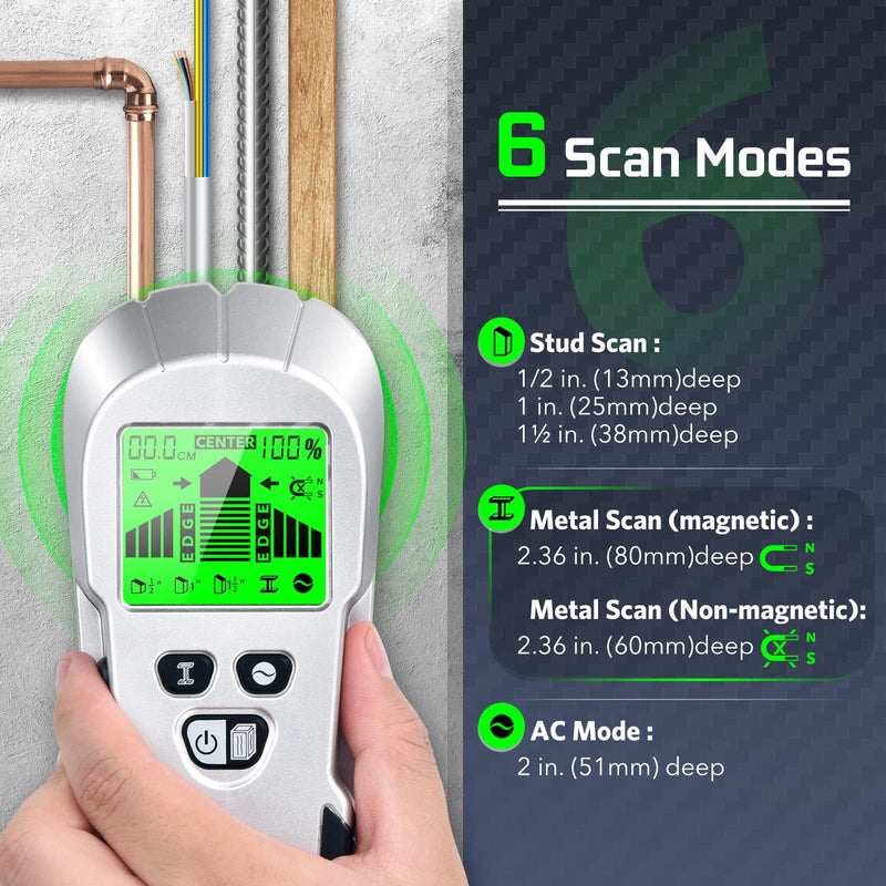 Stud Finder - Stud Finder Wall Scanner 6 in 1 Scanner Sensor Beam Finder with Upgraded Smart Sensor HD LCD Display for The Center and Edge of Wood, AC Wire, Metal and Studs Detection (Silver) Silver
