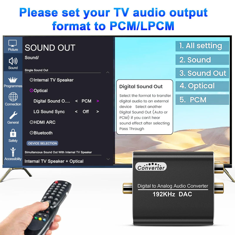 Digital to Analog Audio Converter, 192kHz DAC Digital Coaxial and Optical Toslink to Analog 3.5mm Jack Adapter and RCA (L/R) Stereo Audio Adapter with Optical Cable for HDTV Home Cinema Systems