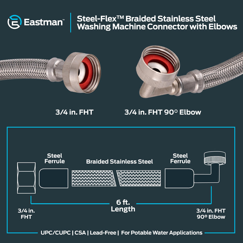 Eastman 6 Feet Washing Machine Hose with 90-Degree Elbow, Pack of 2, 3/4 Inch FHT x 3/4 Inch FHT, Braided Stainless Steel with Nickel-Plated Brass Nuts, 41066 6 ft., 2 Pack