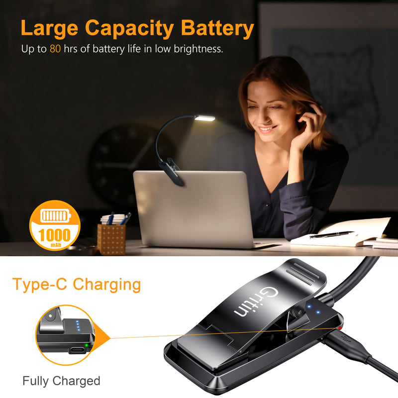 Gritin 9 LED Rechargeable Book Light for Reading in Bed - Eye Caring 3 Color Temperatures,Stepless Dimming Brightness,80 Hrs Runtime Small Lightweight Clip On Book Reading Light for Studying Black
