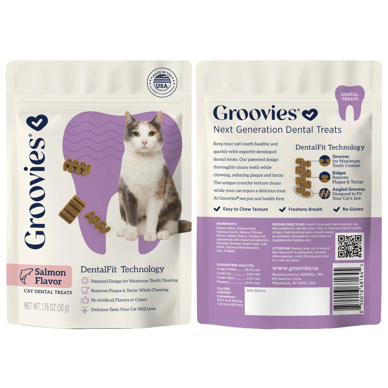 Groovies Cat Daily Dental Treats. Tasty, Crunchy Bites Cats Love. Powered by USA-Patented DentalFit Tech. No Gluten or Artificial Flavors or Colors. 1.76oz Each bag - (2 pack) of (1)Salmon & (1)Tuna Salmon & Tuna 1.76 Ounce (Pack of 2)