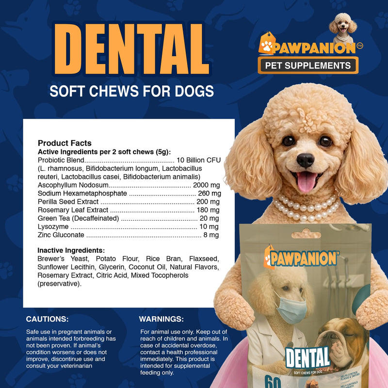 Dental Soft Chews for Dogs, Oral Health & Fresh Breath Support, Probiotics + Seaweed + Zinc, Helps Reduce Plaque & Tartar, 60 Soft Chews Chicken Flavor Dental