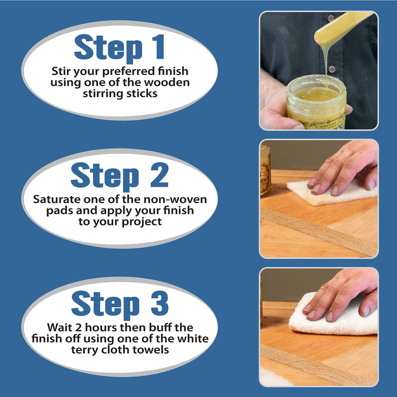 22 Piece Wood Finish Applicator Bundle •Includes 10 White Non-Woven Pads 2 Terry Cloth Buffing Towels and 10 Stirring Sticks for Applying Finishes •Wax •Wood Butter & More