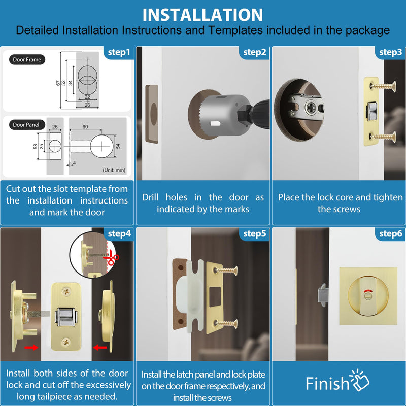 CozyTower Pocket Door Lock, Pocket Door Hardware Square Door Lock for Privacy Sliding Door Bifold Door Locks Pocket Door Pull Handles Replacement Hardware(Brushed Gold, Privacy Lock with Indicator) Brushed Gold