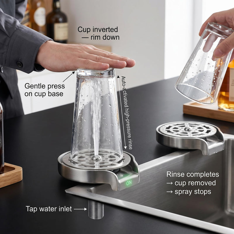 Stainless Steel Automatic Bottle Washer & Faucet Cup Cleaner - 360 Rotating G1/2 Sink Attachment for Home & Cafe