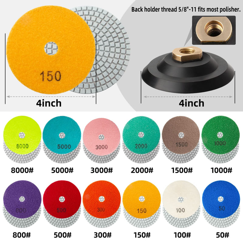 13 Packs 4 Inch Diamond Polishing Pads with 5/8’’-11 Backer Pad 12PCS Wet/Dry Polish Pad Kit for Drill Grinder Polisher 50-8000 Grit Pads for Granite Marble Concrete Stone Countertop Quartz Polishing 13