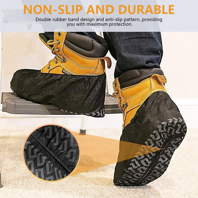 Shoe Covers Disposable 50 Pack (25 Pairs) - Durable, Non-Slip, Water Resistant, and Recyclable Boot Covers for Indoor and Outdoor Use - One Size Fits Most (Non-woven-Black) Black Set -50pack