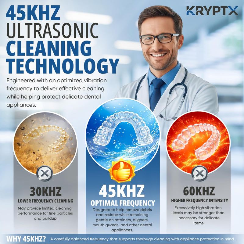 KRYPTX Ultrasonic Retainer Cleaner Machine - 45kHz with 200ML Tank, 4 UV-A+C Lights & 4 Modes - Dental Cleaning Pod Ultrasonic Cleaner for Retainers, Aligners, Mouth Guards, Toothbrush -White | Dedicated Toothbrush Slot, Type-C Charger, Low Noise White
