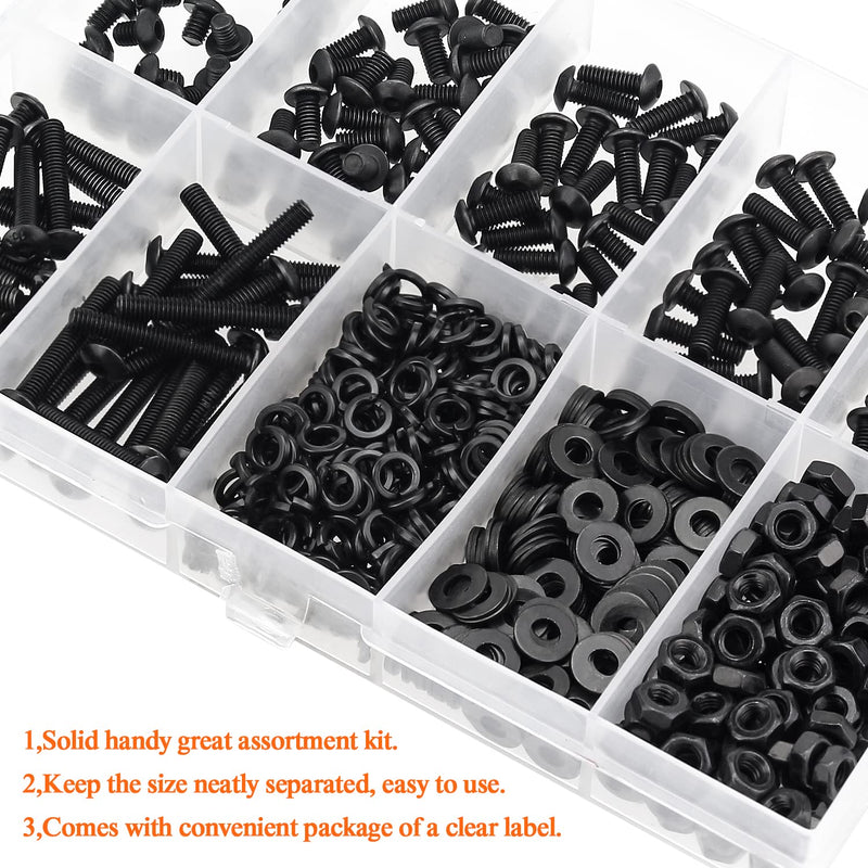 560 Pieces M3 x 5mm /6mm /8mm /10mm /12mm /16mm /20mm, Button Head Socket Cap Screws Bolts Washers Nuts Kit, 10.9 Grade Alloy Steel, Full Threaded, Black