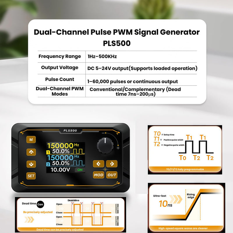 Dual-Channel Adjustable 1HZ~500KHZ PWM Pulse Frequency Signal Generator, DC 5-24V Frequency Function Generator Duty Cycle phasing Motor Driver Speed Controller