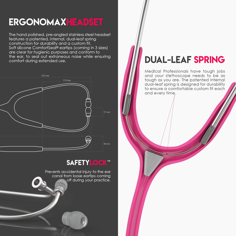MDF Instruments, MD One Stainless Steel Stethoscope, Adult, Fuschia Tube, Silver Chestpieces-Headset, MDF77732