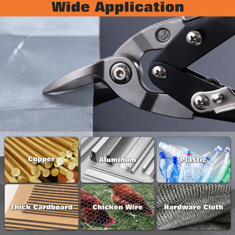 10" Tin Snips for Cutting Metal Sheet Right Cut Aviation Snips with Safety Latch and Non-slip Handle, Heavy Duty Metal Shears Metal Cutters Metal Cutting Tool Metal Snips, Cr-Mo Steel Blade