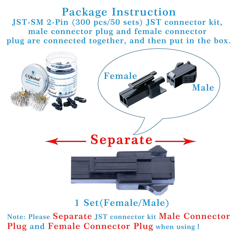 JST SM 2.5 mm Pitch 2-Pin Electronic Connector IC Male Plugs, Female Sockets Housing and Male/Female T-Shaped Crimp Terminal Kit. 50 Sets/300 Pieces Wire-Wire Adapter Cable Assembly. 2P