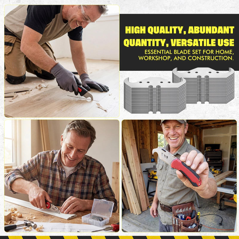 200 Pcs Utility Hook Blades SK5 Carbon Steel Hook Razor Knife Blades with 2 Notches 4 Holes for Roofing and Carpet