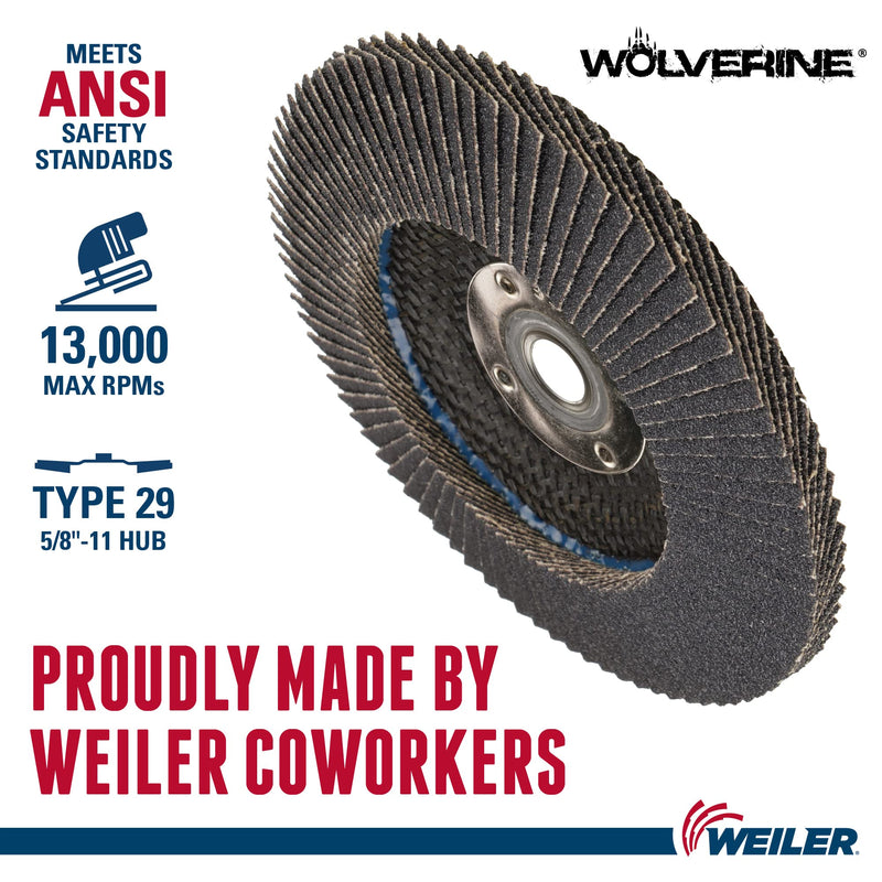 Weiler 31352 Wolverine 4-1/2" x 5/8"-11 UNC NUT Abrasive Flap Disc, 80 Grit Zirconia Alumina, Bevel Type 29, Phenolic Backing, Standard Density (Pack of 10) Value Steel / Metal