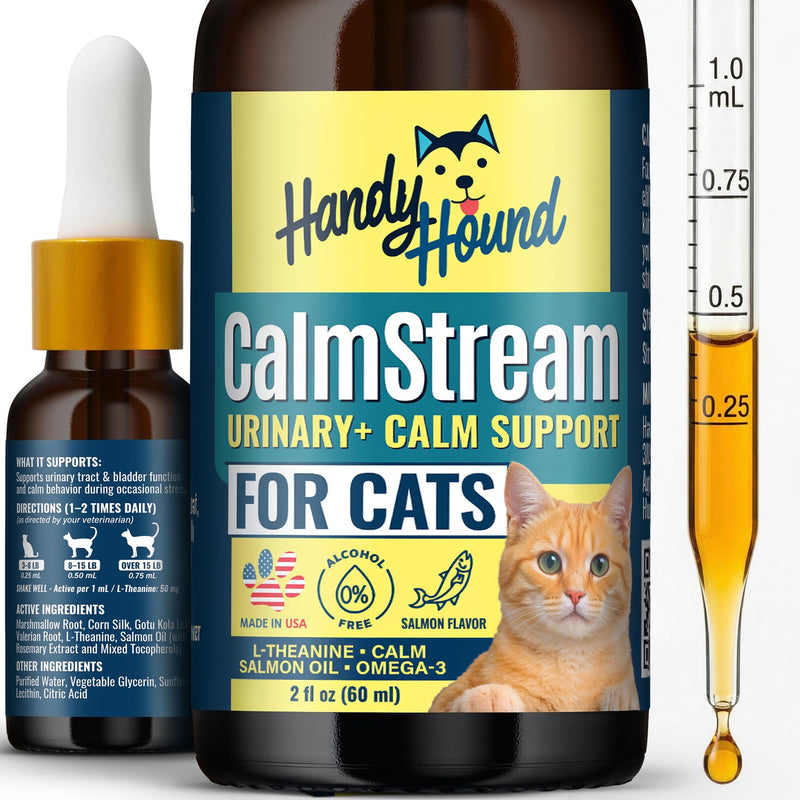 Handy Hound CalmStream Cat Urinary + Calm Support Drops, Liquid Bladder & Urinary Tract Support for Cats, Alcohol-Free, with L-Theanine and Salmon Oil, 2 fl oz (60 mL)