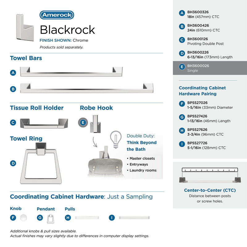 Amerock BH3600026 | Chrome Single Robe Hook | 3-9/16 inch (90 mm) Length Towel Holder | Blackrock | Towel Hook for Bathroom | Bathroom Hardware | Bath Accessories