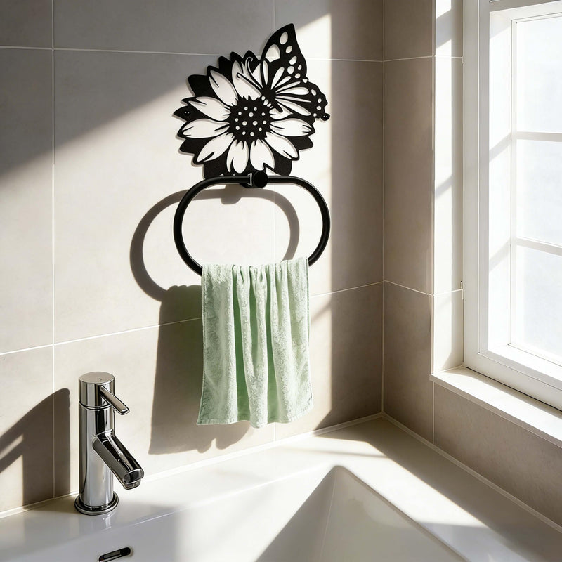 Black Metal Sunflower & Butterfly Wall Mounted Towel Ring, Floral Design Decor Accessories, Artistic Plant Towel Holder Decorative Gift for Kitchen Home Restroom Office Hotel Laundry Room