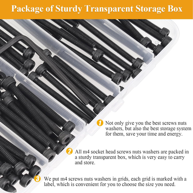 185 Pieces M4 x 30/35/40/45/50mm Hex Socket Head Cap Screws Nuts Washers Set Black, Sutemribor M4 Long Screws, M4 Black Screws Nuts Washers Assortment Kit, 12.9 Grade Alloy Steel, Fully Threaded M4 Long Screws Kit