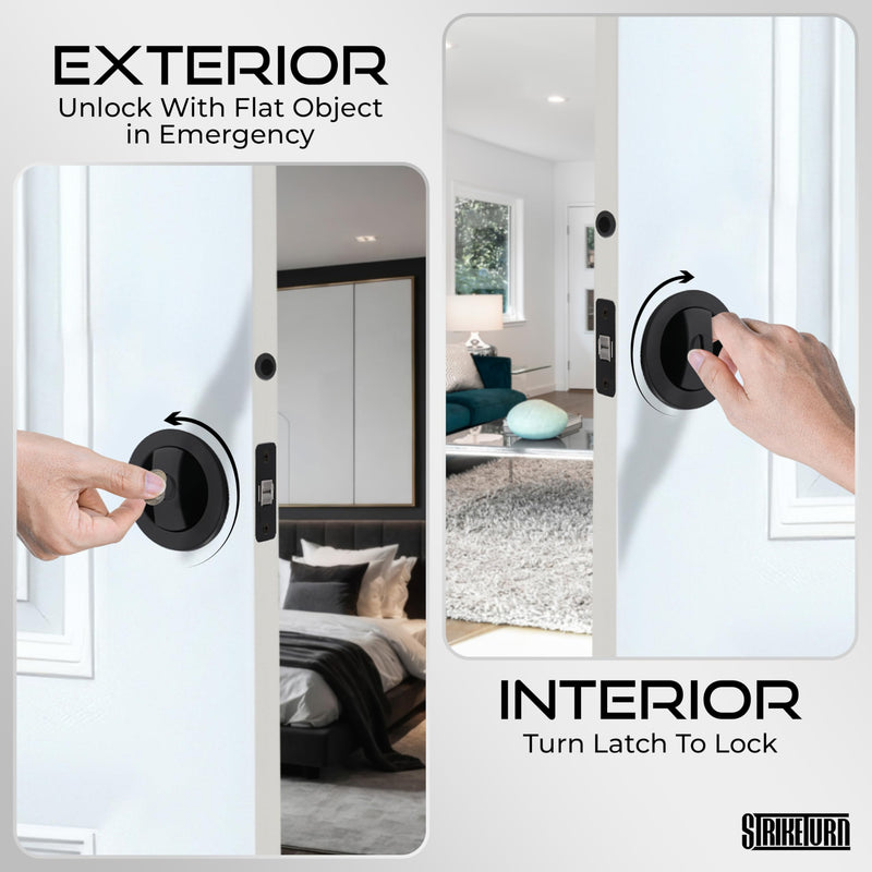 Premium Black Pocket Door Hardware - Round Pocket Door Lock - Ergonomic Matte Black Door Handle with Pocket Door Pull - Reversible Pocket Door Latch for Safety