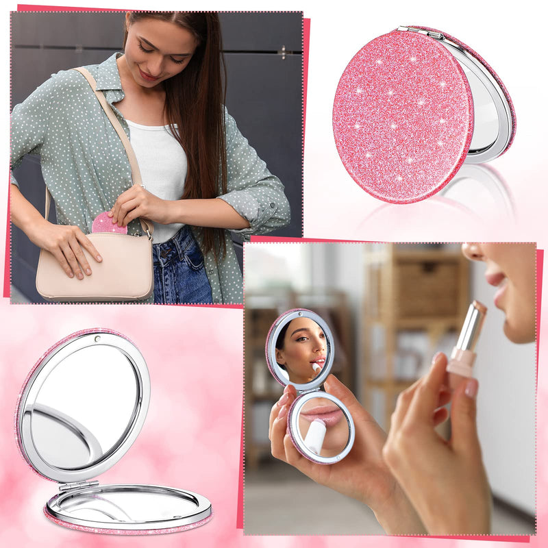 Weysat 12 Pcs Cute Pink Compact Mirrors for Women Galentine's Day, Small Magnifying Travel Makeup Mirror with Glitter, Mini Double-Sided Portable 2x/1x Magnification Folding Pocket, PU Leather, Gift