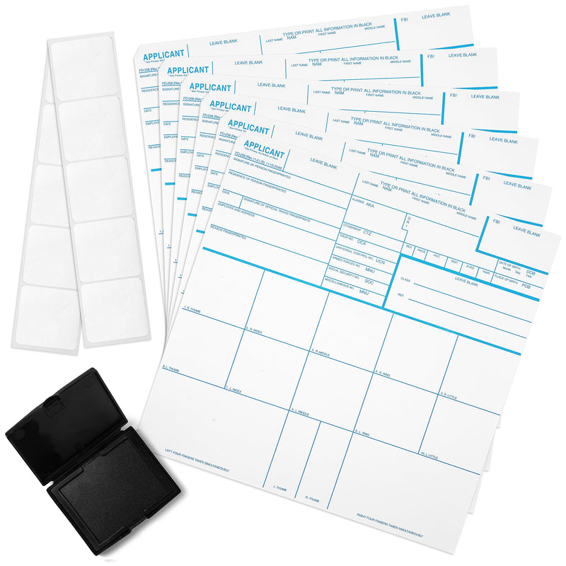 Made in USA - FD 258 Fingerprint Card 2025 Kit Full (6 Cards + 1 Practice Card) w/Reusable Ink Pad, Correction Tabs, Instructions FD258