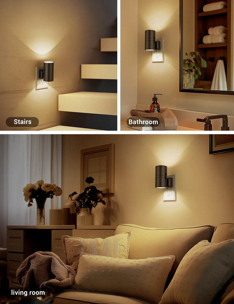 Night Lights Plug into Wall, Dimmable Night Light Plug in, Modern Night Lights with Dusk to Dawn Light Sensor, Soft White 3000K, 0-100LM Adjustable Brightness Nightlight for Hallway Bedroom, 2 Pack Warm - Black Shade