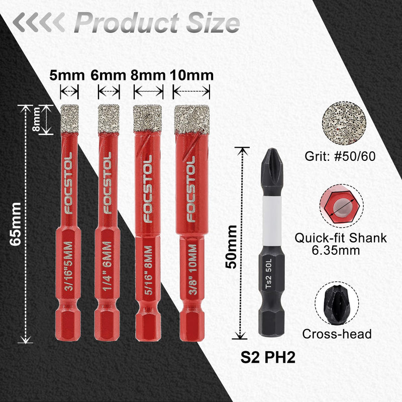 FOCSTOL Diamond Drill Bits Set 10pcs, 3/16''-3/8'' Tile Drill Bit with 1/4 Inch Quick Change Hex Shank for Porcelain Ceramic Tile Marble Granite Quartz SET2