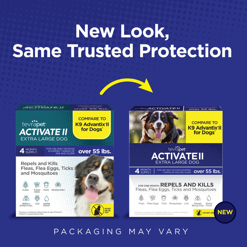 TevraPet Activate II Flea and Tick Prevention for Dogs | 4 Count | Extra Large Dogs 55+ lbs | Topical Drops | 4 Months Flea Treatment (Pack of 2) X-Large 55+ lbs (Pack of 2)