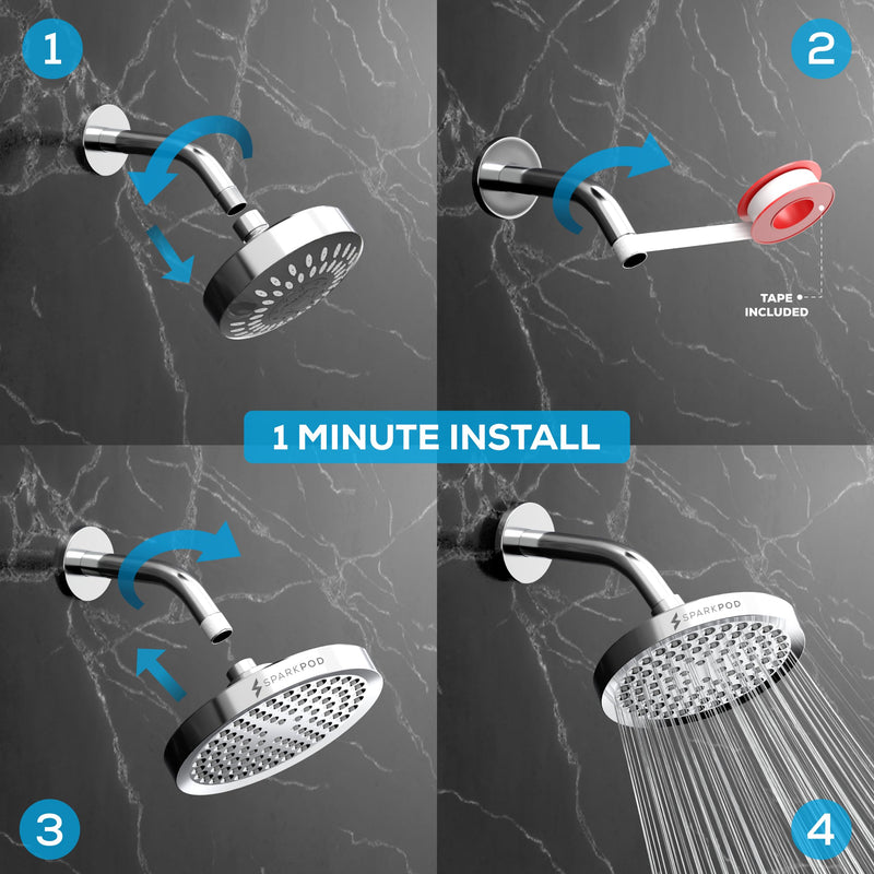 SparkPod Shower Head - High Pressure Rain - Premium Quality Luxury Design - Easy Clean Adjustable Replacement for Your Bathroom Shower Heads (Luxury Polished Chrome, 6 Inch Round) Luxury Polished Chrome