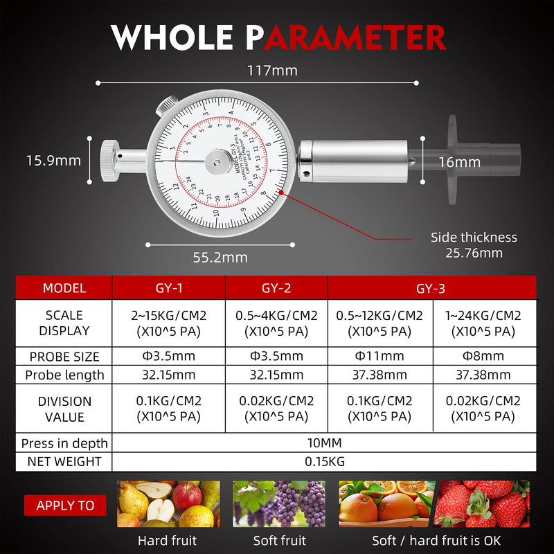 NEWTRY GY-3 Fruit Hardness Tester with 2 Types of Probes Fruit Firmness Penetrometer Sclerometer for Determining The Maturity Level of Fruit (GY-3)