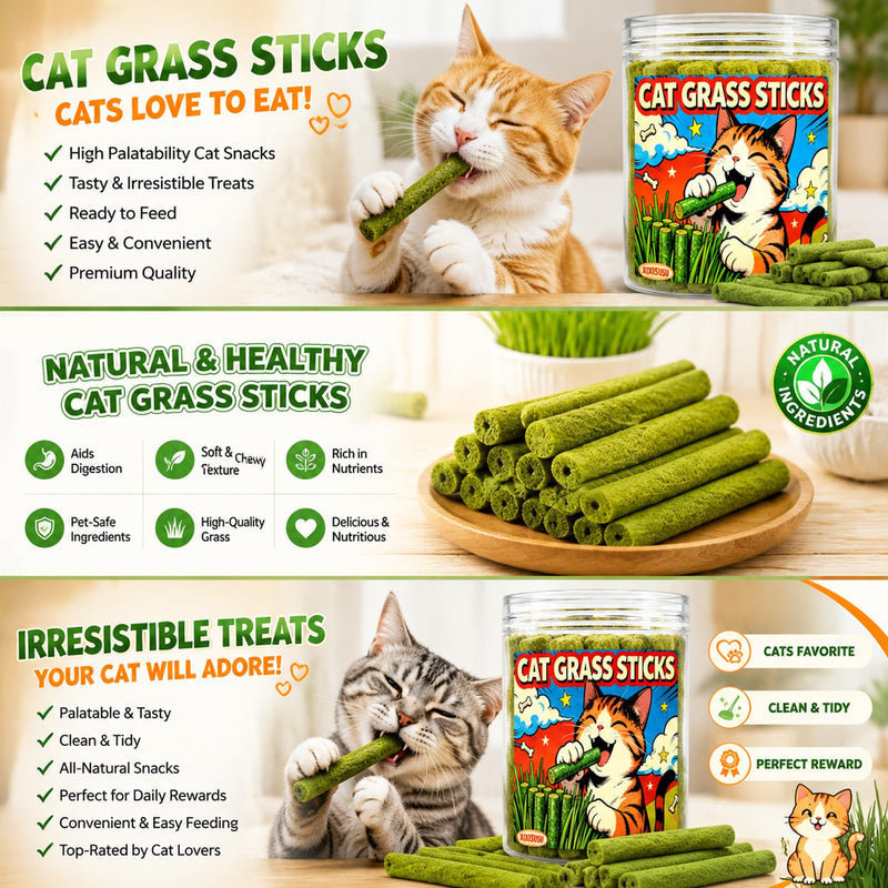 Cat Grass Teething Sticks for Indoor Cats - Freeze Dried Chew Toy for Hairball Control & Teeth Cleaning, 3oz Resealable Jar of Cat Grass Sticks 3 oz
