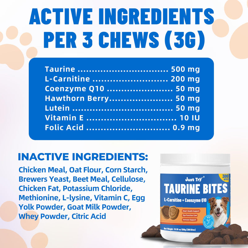 Just Try 10.58 OZ Taurine Supplement Coq10 for Dogs with L-Carnitine & Coenzyme Q10 Support Dog Heart, Immune and Eyes Health 10.58 Ounce