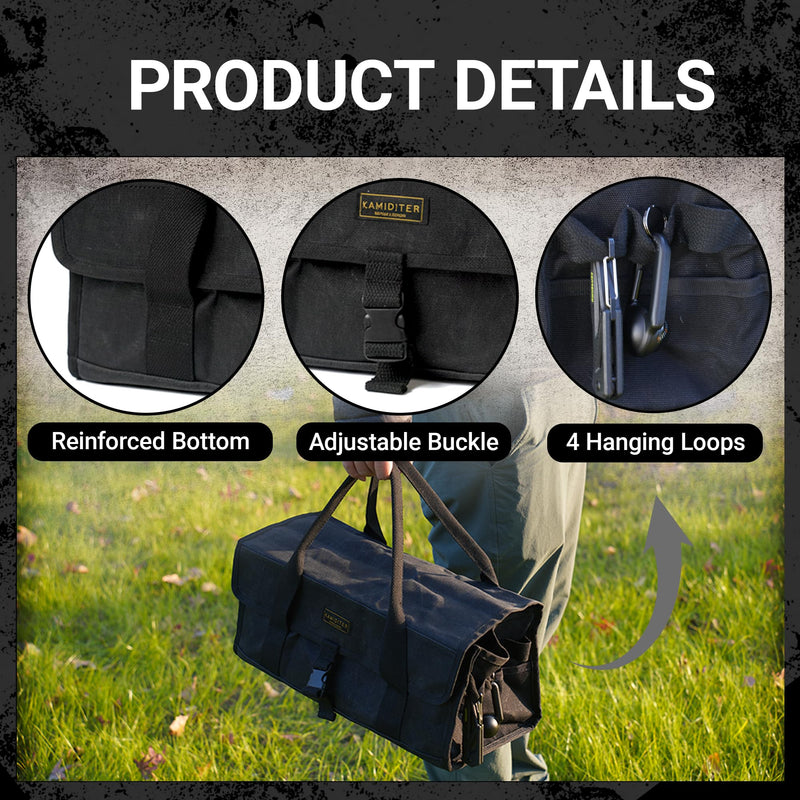 Flip Lid Camping Tool Bag, 15" Multi-Container Storage Soft Case, Water-Resistant Camping Tool Tote for Tent Stakes, Cooking Gear, Cutlery, Utensil, Flatware, Tea Kettle and Tools, Black
